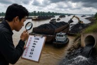 Aktivis AMP Bara Bahari Jambi melakukan pencatatan dan pengawasan terhadap lalu lintas kapal tongkang batubara di Sungai Batanghari, Jambi. Aliansi mendesak penegak hukum dan Kementerian Keuangan turun tangan mengusut tuntas dugaan pungli serta ilegalitas dokumen angkutan sungai tersebut. (Foto: Dok. Istimewa)