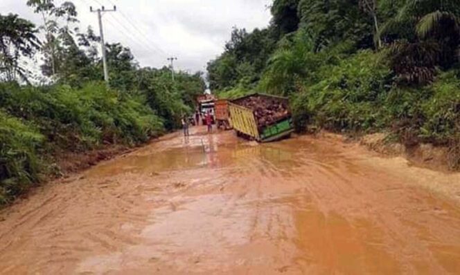 FOTO : Kondisi Jalan Kabupaten di di RT 19 Pal 27 dan 28 Desa Sungai Gelam, Kecamatan Sungai Gelam, Kabupaten Muaro Jambi becek dan berlobang.