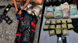 Dua Pelaku  S dan BS bersama barang bukti berupa 53.000 butir ekstasi yang dikemas dalam belasan paket plastik, ratusan cartridge Etomidate, serta dua unit telepon genggam yang berhasil diamankan oleh Satresnarkoba Polres Sarolangun. (FOTO : Dok. Res Sarolangun)