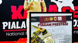 Bripda Radivan Anggota Sat Brimob Polda Jambi Raih Medali Emas Beladiri Karate Kapolri CUP 2024. FOTO : HMS