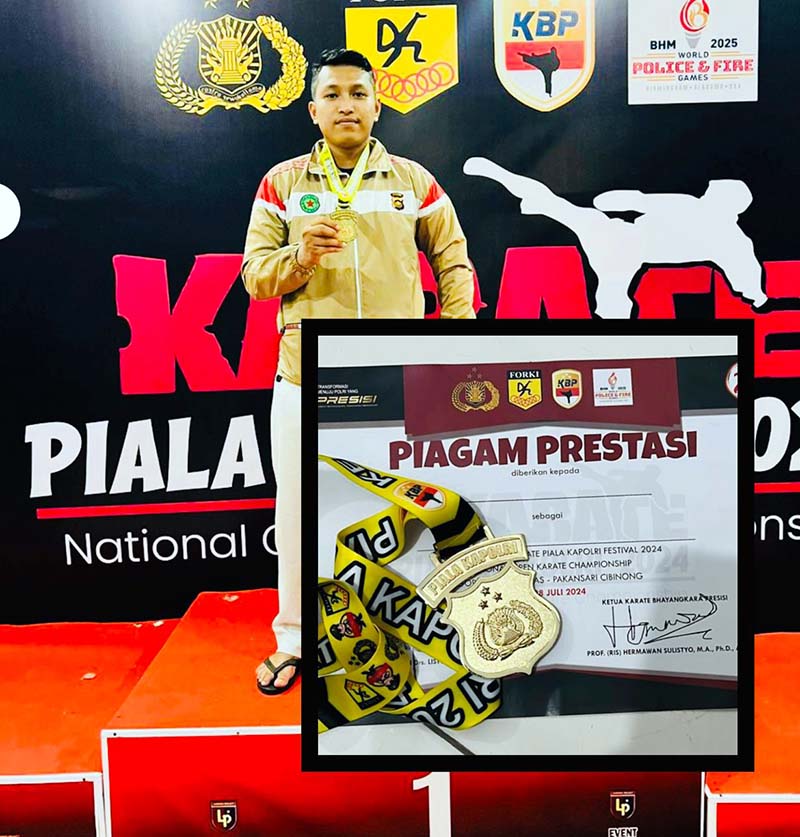 Bripda Radivan Anggota Sat Brimob Polda Jambi Raih Medali Emas Beladiri Karate Kapolri CUP 2024. FOTO : HMS