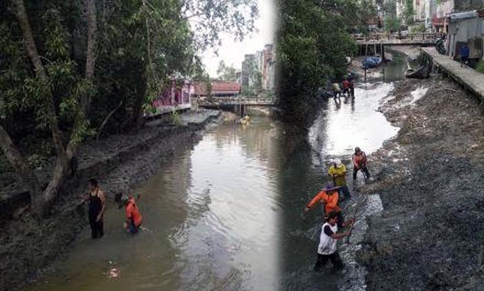 Petugas Dinas Lingkungan Hidup saat membersihkan Anak Sungai di Kabupaten Tanjung Jabung Barat, Provinsi Jambi secara bertahap. FOTO : Doc DLH