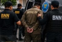 Ilustrasi penangkapan oknum Satpol PP oleh BNN Pprovinsi Jambi atas kasus peredaran sabu dan ekstasi, sebuah insiden yang memicu urgensi desakan pelaksanaan tes urin berkala bagi seluruh ASN. (FOTO : Dok. Ilustrasi/Istimewa)