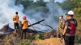 Tampak personel BPBD, TNI, dan Polri bergerak agresif di garis depan untuk menjinakkan kobaran api yang membakar lahan kering. (FOTO : Dok. Istimewa)