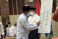 Bupati Tanjab Barat H. Anwar Sadat Saat Menandatangani Komitmen Bersama Gubenur, Bupati/walikota Se-Provinsi Jambi terkait Pencapaian Vaksinasi Covid-19 sebesar dengan target 70% pada 31 Desember 2021 di Conference Center Hotel Aston Jambi, Rabu, (27/10/21). FOTO : DOKPIM