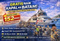 Program arus balik gratis kembali hadir bagi warga Kabupaten Tanjung Jabung Barat yang ingin menuju Batam. Menggunakan kapal KN Sarotama P-112, keberangkatan dijadwalkan pada 26 Maret 2026 pukul 06.00 WIB melalui rute Kuala Tungkal menuju Pelabuhan Batu Ampar, Batam. Pendaftaran telah dibuka melalui situs resmi tripboat.id dengan kuota terbatas hanya untuk 152 orang. (FOTO : Dok. LINTASTUNGKAL/Ist)