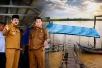 Bupati Tanjab Barat Anwar Sadat didampingi jajaran dinas terkait saat memantau langsung kerusakan dermaga penyeberangan di Desa Tanjung Senjulang, Kecamatan Bram Itam, Senin (06/07). (Foto: Humas/Istimewa)