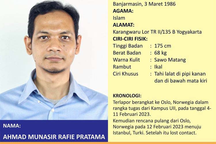 Dosen Universitas Islam Indonesia (UII), Ahmad Munasir Rafie Pratama (AMRP), dilaporkan menghilang setelah mengikuti aktivitas mobilitas global di University of South-Eastern Norway (USN).(Dok. Instagram Polda DIY/Kompas)