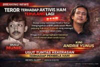 "Melawan Lupa: Dari Munir ke Andrie Yunus"
Grafis ini mempertegas kembalinya pola teror terhadap pembela HAM di Indonesia. Penyekatan sosok almarhum Munir Said Thalib (kiri) dan aktivis Andrie Yunus (kanan) menjadi pengingat keras bahwa selama aktor intelektual pembunuh Munir tak tersentuh, impunitas akan terus melahirkan korban-korban baru. Publik mendesak pengusutan tuntas atas segala bentuk kekerasan terhadap aktivis demi menjaga marwah demokrasi yang kian terancam. (GRAFIS : LINTASTUNGKAL)