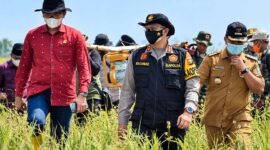 Edi Purwanto (baju merah), bersama Kapolda Jambi saat meninjau kondisi lahan gambut sebagai bagian dari upaya mitigasi kebakaran hutan dan lahan (karhutla). (FOTO: Dok. Pribadi)
