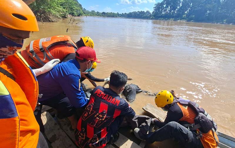 EVAKUASI KORBAN TENGGELAM: Tim SAR gabungan dan masyarakat setempat saat mengevakuasi jasad Dimas Ramadhoni (24) dari aliran Sungai Batang Tembesi, Desa Jelutih, Kecamatan Batin XXIV, Kamis (28/5/2026). Korban berhasil ditemukan setelah enam hari pencarian intensif dan hanyut sejauh 17 kilometer dari lokasi awal tempatnya memancing. (Foto: Dok. Istimewa / Pos SAR Bungo)