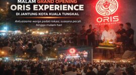 uasana malam grand opening Oris Experience di Kuala Tungkal dipadati pengunjung, dengan rangkaian acara peresmian dan hiburan yang berlangsung meriah hingga larut malam, Senin (30/3/2026). (FOTO : Dok. Istimewa LT)