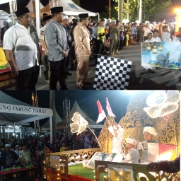 Bupati Tanjung Jabung Barat H. Anwar Sadat didampingi Kepala Disparpora dan Kominfo melepas peserta Festival Arakan Sahur, Sabtu (1/4/23) malam. FOTO : LT