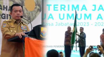 Serah terima tampuk Jabatan Ketua APPSI dari Dr. H. Isran Noor kepada Dr. H. Al Haris di Flores Ballroom Borobudur, Jakarta, Senin (2/10/23). FOTO : HMS
