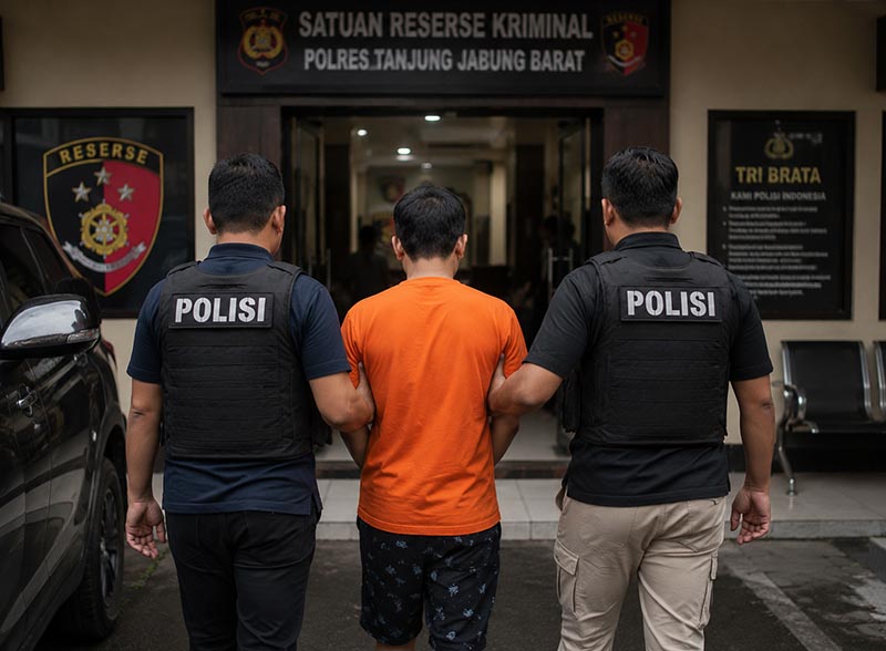 PROSES HUKUM: Personel Kepolisian membawa tersangka AL (34) menuju ruang tahanan Polres Tanjung Jabung Barat. AL terancam jeratan Pasal 414 KUHP terkait tindak pidana perbuatan cabul. (Foto: Istimewa)