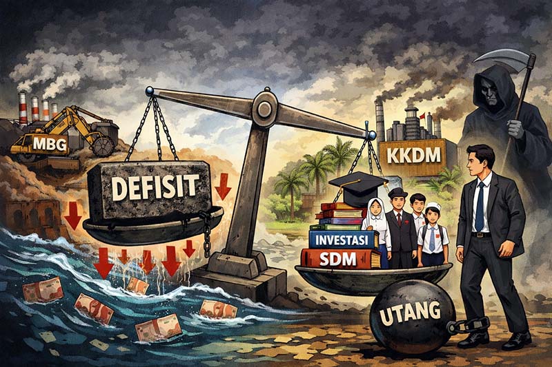 Gambar ini secara akurat merepresentasikan dilema yang dihadapi Menteri Keuangan Purbaya per Maret 2026. Di satu sisi, pemerintah mengejar kemajuan, namun di sisi lain, beban fiskal kian menghimpit. (FOTO : Dok. Istimewa/LT)