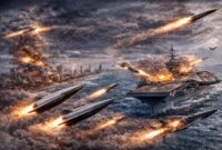 ILUSTRASI : Terlihat kapal induk AS (kemungkinan USS Abraham Lincoln) yang terjepit di wilayah perairan, menjadi target raksasa bagi rudal hipersonik. GRAFIS : LT