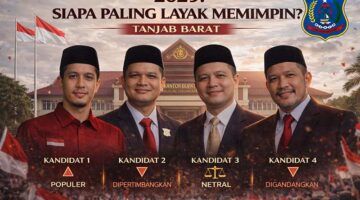 ETALASE POLITIK: Poster digital yang beredar luas di jagat maya mencoba membedah profil kandidat Bupati Tanjab Barat 2029 dengan berbagai label sosial. Fenomena ini menjadi pisau bermata dua: memberikan ruang transparansi bagi rakyat, namun sekaligus menguji konsistensi fokus pejabat petahana yang saat ini masih menjabat. (FOTO : Dok. Istimewa/Ilustrasi)