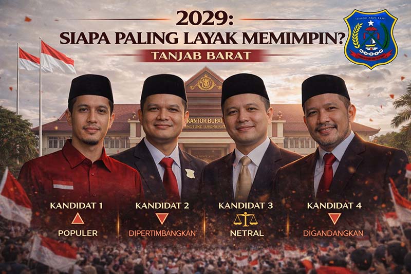ETALASE POLITIK: Poster digital yang beredar luas di jagat maya mencoba membedah profil kandidat Bupati Tanjab Barat 2029 dengan berbagai label sosial. Fenomena ini menjadi pisau bermata dua: memberikan ruang transparansi bagi rakyat, namun sekaligus menguji konsistensi fokus pejabat petahana yang saat ini masih menjabat. (FOTO : Dok. Istimewa/Ilustrasi)