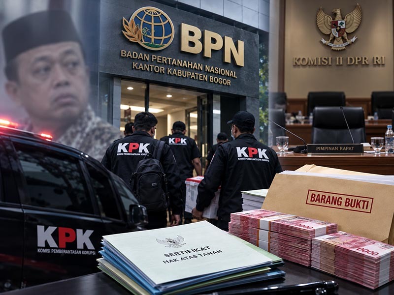 Petugas KPK membawa dokumen barang bukti dengan latar belakang para tahanan berompi oranye dan logo BPN. Operasi Tangkap Tangan (OTT) kakap di BPN Bogor. (FOTO : Dok. Ilustrasi/LT)