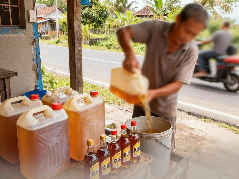 Ilsutrasi Seseorang Penjual Tuak Menuang Ke Ember'. FOTO : LT