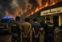 Dua pria yang diduga kuat memicu kebakaran hutan dan lahan (karhutla) di Desa Muara Danau saat digelandang ke Mapolsek Tungkal Ulu, Tanjung Jabung Barat, Jambi, untuk mempertanggungjawabkan perbuatannya. (Foto: Ilustrasi/Humas Polres Tanjabbar)