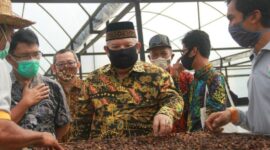 FOTO : Bupati Tanjung Jabung Barat Dr. H. Safrial, MS pada Kegiatan Peresmian Gedung Produksi Industri Kopi Liberika Tungkal Jambi yang berada di Kelurahan Mekar Jaya Kecamatan Betara, Minggu (16/08/20)