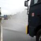 FOTO : Mobil Water Canon / AVC Polres Tanjab Barat Melakukan Penyemprotan Disinfektan disekitar di Rumah Sakit Umum Daerah (RSUD) KH. Daud Arif, Selasa (18/08/20)