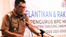 Wabup Hairan, SH saat Sambutan Acara Pelantikan Pengurus HIPMI dan Cabang Tanjab Barat Periode 2021-2024 dan Rakercab HIPMI di Tungkal Hotel, Selasa (06/04/21).