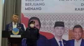 FOTO : Dr. Syarif Fasha Saat Sambutan Pelantikikan DPD Partai Nasdem Muaro Jambi di Swiss-Belhotel Jambi, Sabtu (26/2/22).