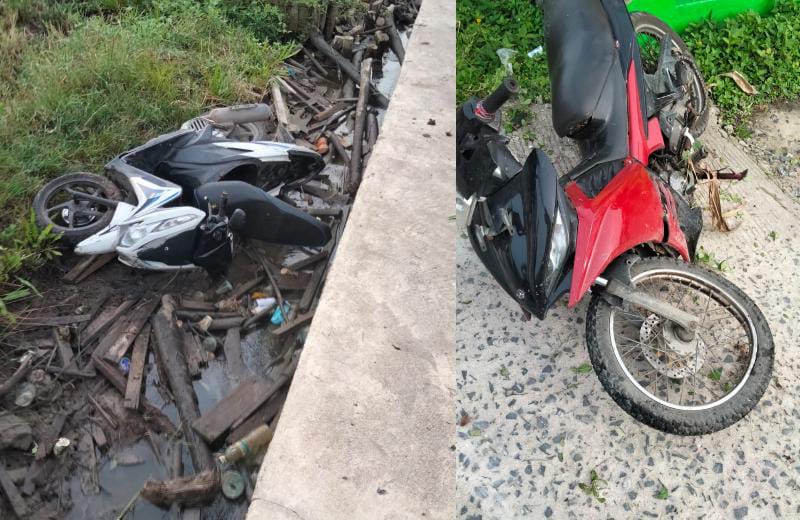 Kondisi kendaraan Honda Vario dan Yamaha Jupiter MX yang rusak dan terseret melewati trotoar setelah terlibat kecelakaan lalu lintas, Rabu (13/7/22). FOTO : Ist