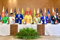 Ketua Umum Partai Demokrat Agus Harimurti Yudhoyono (AHY) pada pertemuan para pimpinan Partai Politik terkait wacana sistem Pemilu Tertutup Proporsional, Minggu (8/1) siang, di Hotel Dharmawangsa.