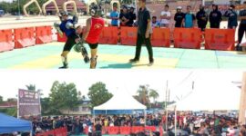 Warga Kuala Tungkal Antusias menyaksikan Pertandingan Terbuka Kick Boxing di Alun-Alun Kota Kuala Tungkal, Sabtu (17/6/23). FOTO : Kolase LT