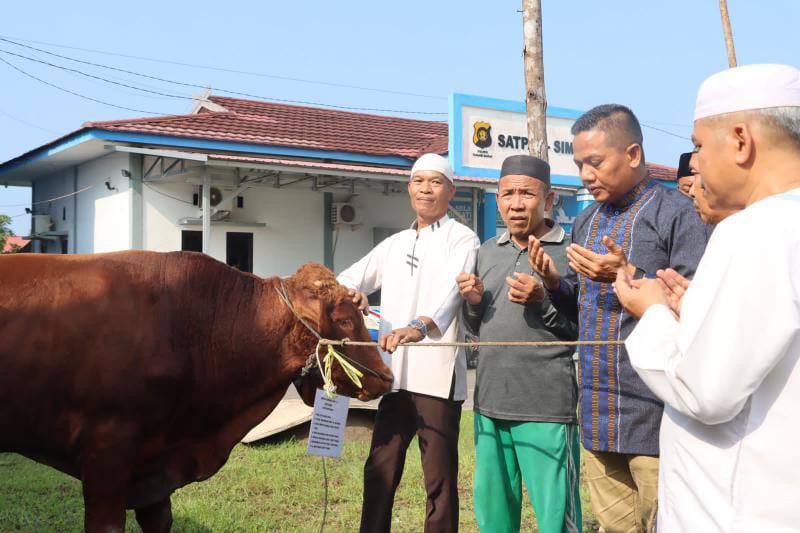 Kapolres Tanjung Jabung Barat AKBP Padli Menyerahkan Hewan Kurban Kepada Panitia Penyembelih. FOTO : BAS/LT