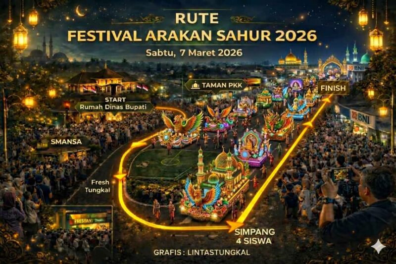 Ilustrasi rute Festival Arakan Sahur 2026 yang melintasi sejumlah ruas jalan utama di Kuala Tungkal, dimulai dari Rumah Dinas Bupati dan berakhir di Simpang 4 Tugu BNI, Sabtu (7/3/2026) malam nanti. Grafis: Lintastungkal.