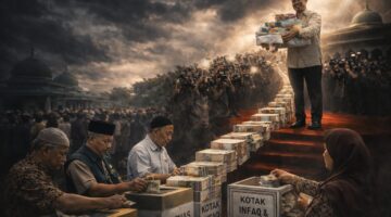 Ilustrasi: Dana zakat, infak, dan sedekah dihimpun dari masyarakat dengan niat ibadah, namun dalam praktik penyalurannya kerap tampil sebagai program bantuan yang dipresentasikan oleh pejabat di ruang publik. [FOTO: ILUSTRASI/LT]