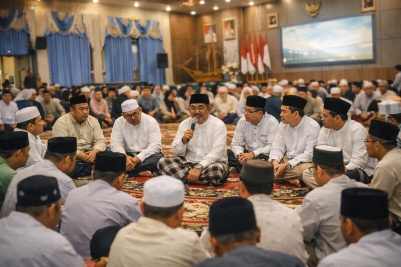 SINERGI PEMERINTAH DAN AKADEMISI: Bupati Tanjung Jabung Barat, Drs. H. Anwar Sadat, M.Ag (tengah), menyampaikan sambutannya saat menerima kunjungan Tim Safari Ramadan Universitas Jambi (UNJA) di Rumah Dinas Bupati, Kuala Tungkal, Jumat (6/3/2026). Pertemuan ini menjadi ajang penguatan kolaborasi dalam mencerdaskan generasi muda di Bumi Serengkuh Dayung Serentak Ketunggalan. [FOTO: PROKOPIM/LT]