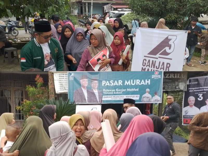 Tim Relawan Ganjar Mahfud menggelar Pasar Sembako Murah di Desa Serdang Jaya Kecamatan Betara Kabupaten Tanjab Barat, Senin (8/1/24). FOTO : Tim