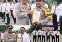 Kapolres Muaro Jambi AKBP Heri Supriawan Ketika Memberikan Penghargaan kepada personel Polres Muaro Jambi yang memiliki prestasi dan dedikasi dalam kinerja. FOTO : Viryzha