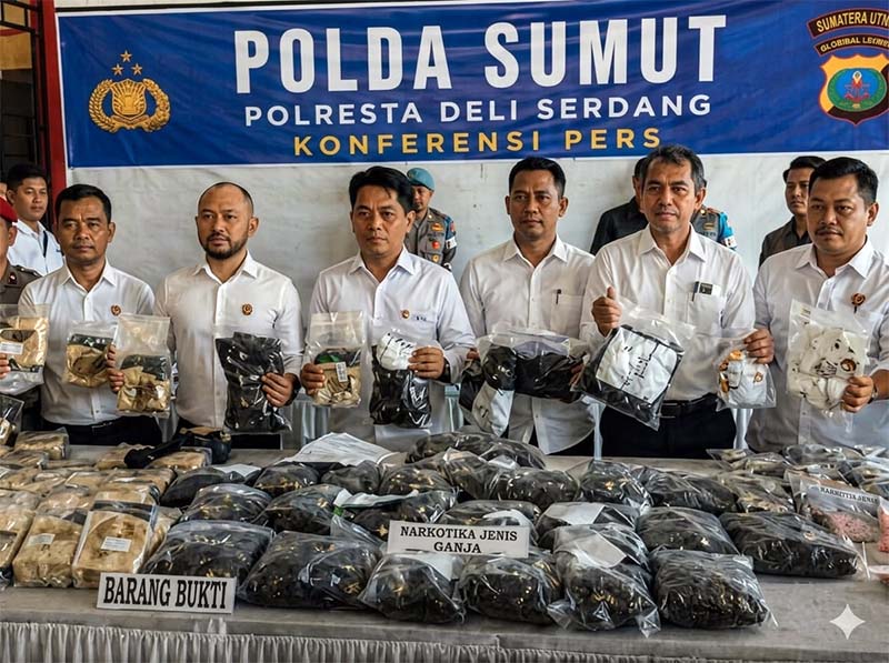TANGKAPAN BESAR JARINGAN INTERNASIONAL! 🚨
Kapolresta Deli Serdang Kombes Pol. Hendria Lesmana, S.I.K., memimpin langsung konferensi pers pengungkapan kasus narkotika jaringan Malaysia di Mapolresta Deli Serdang, Senin (27/4/2026). (FOTO : Mediapurnapolri)