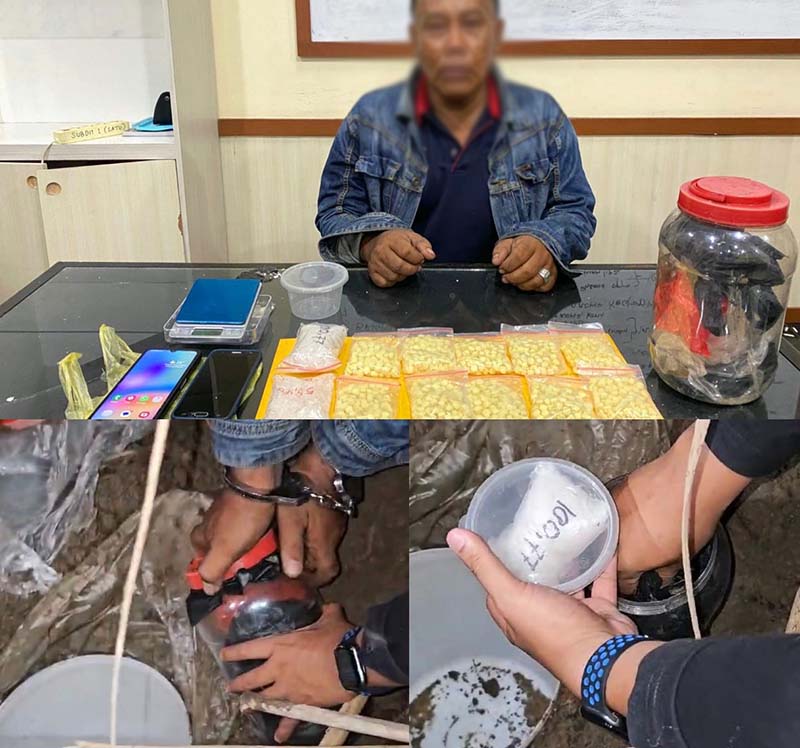 RSBT alias Anto (48) warga Kelurahan Mayang Mangurai Kota Jambi Ditangpak Polisi, Ia Simpan Sabu dan Ekstasi Siap Edar Ditanam Dalam Kebun Tebu. FOTO : VIRZYHA