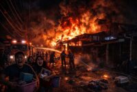 "TANGIS DI TENGAH BARA:" Warga Kelurahan Pandan Jaya histeris menyelamatkan harta benda yang tersisa saat api raksasa meluluhlantakkan 15 rumah di Pasar Blok D, Tanjung Jabung Timur, Jumat (13/3) dini hari. Suasana mencekam menyelimuti permukiman padat tersebut saat si jago merah mengamuk tanpa ampun. FOTO : LT