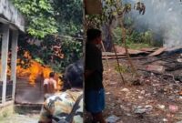 Tampak Api Tengah Membakar Rumah dan Rumas Pasca Tebakar di Desa Tanjung Bojo RT 06, Kecamatan, Batang Asam, Tanjab Barat, Jambi, Sabtu (29/1/22). FOTO : Dinas Pemadam