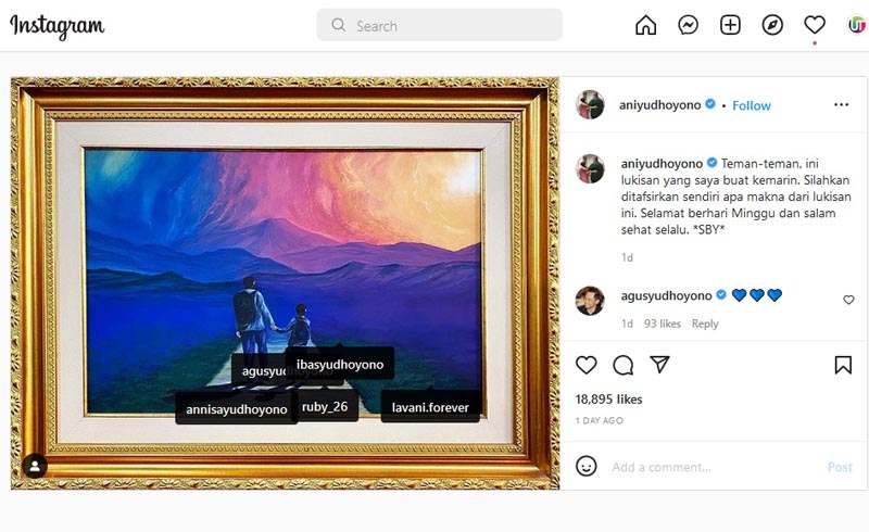 Lukisan buatan Susilo Bambang Yudhoyono mendapat pujian di media sosial. SUMBER : @aniyudhoyono
