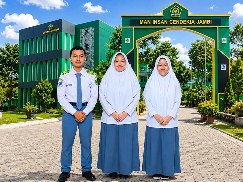 TIGA DEBATER UNGGULAN: (Dari kiri ke kanan) Bintang Aleric, Putri Syakira, dan Aisha Victoria Nizori berfoto bersama di depan Gerbang Utama MAN Insan Cendekia Jambi. Ketiga siswa ini sukses menyapu bersih gelar Pembicara Terbaik (Best Speaker) 1, 2, dan 3 pada ajang Lomba Debat Indonesia (LDI) 2026 tingkat Kabupaten Muaro Jambi dan siap melaju ke tingkat Provinsi Jambi. (FOTO : Dok. Istimewa/MAN IC Jambi)