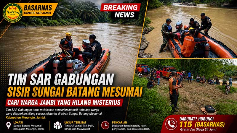 Tim SAR Gabungan Sisir Sungai Batang Mesumai Cari Warga Jambi yang Hilang Misterius. (GRAVIS : LT)