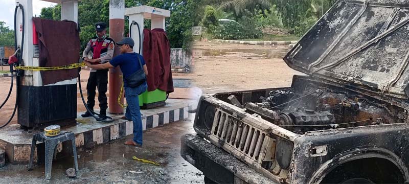 Mobil Suzuki Katana Nopol BH 1517 BL terbakar di Agen Premium dan Solar (APMS) di RT 26, Ds. Sungai Gelam, Kec. Sungai Gelam, Kab. Muaro Jambi, Sabtu (3//9/22). FOTO : SEK S GELAM