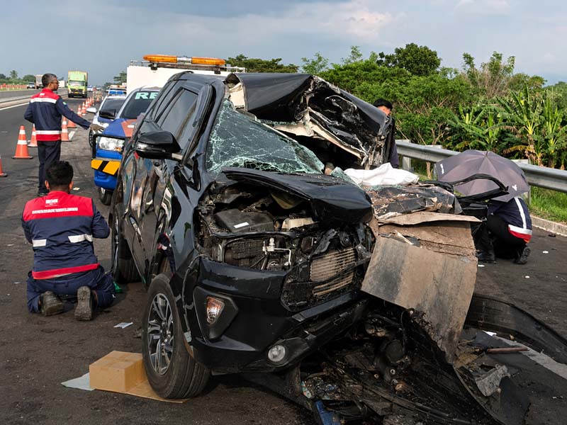 Kondisi minibus Toyota Innova mengalami kerusakan sangat parah (ringsek) pada bagian depan hingga atap setelah menabrak bagian belakang truk di Tol Pasuruan-Probolinggo (Paspro) KM 834, Sabtu (23/5/2026). Insiden tragis tersebut mengakibatkan dua orang penumpang meninggal dunia dan dua lainnya luka-luka. (FOTO : Dok. Istimewa/detik.com)