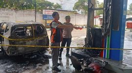 Lokasi SPBU dan Mobil yang Terbakar Pasang Garis Polisi, Polisi Masih Dalami Keterangan. FOTO : IST