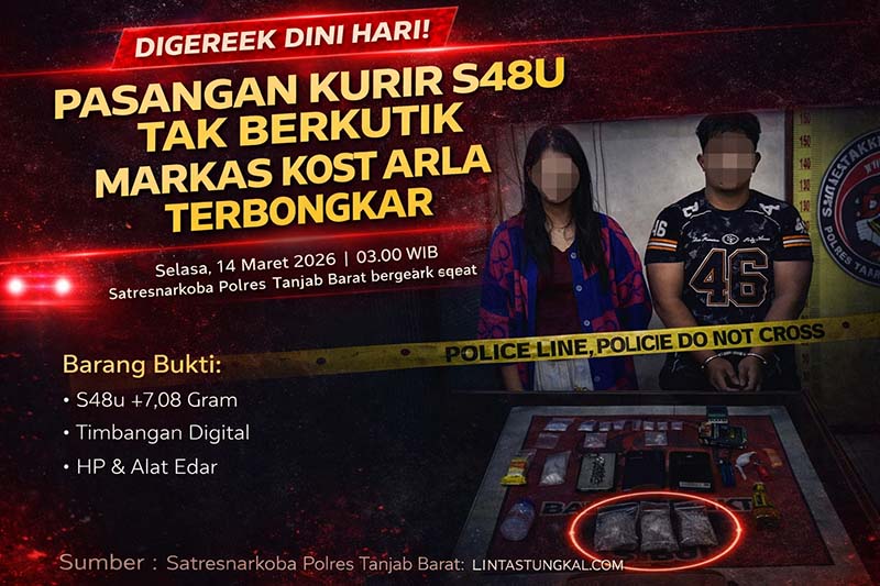 Satresnarkoba Polres Tanjab Barat mengamankan dua terduga pelaku beserta barang bukti dalam penggerebekan di sebuah kamar kos, Selasa (14/3/2026) sekitar pukul 03.00 WIB. (FOTO : SATRESNARKOBA POLRES TJB)